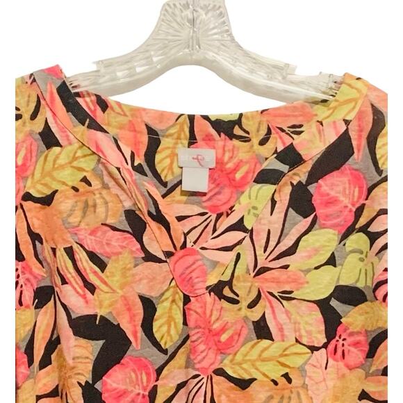 CHICO'S Size 3, US XL 100% Linen Tropical Print Top Pullover Resortwear Vacation - Picture 2 of 8